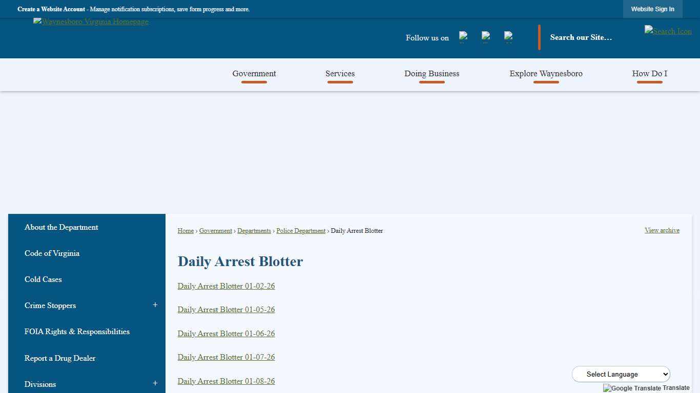 Daily Arrest Blotter | Waynesboro, VA - Official Website